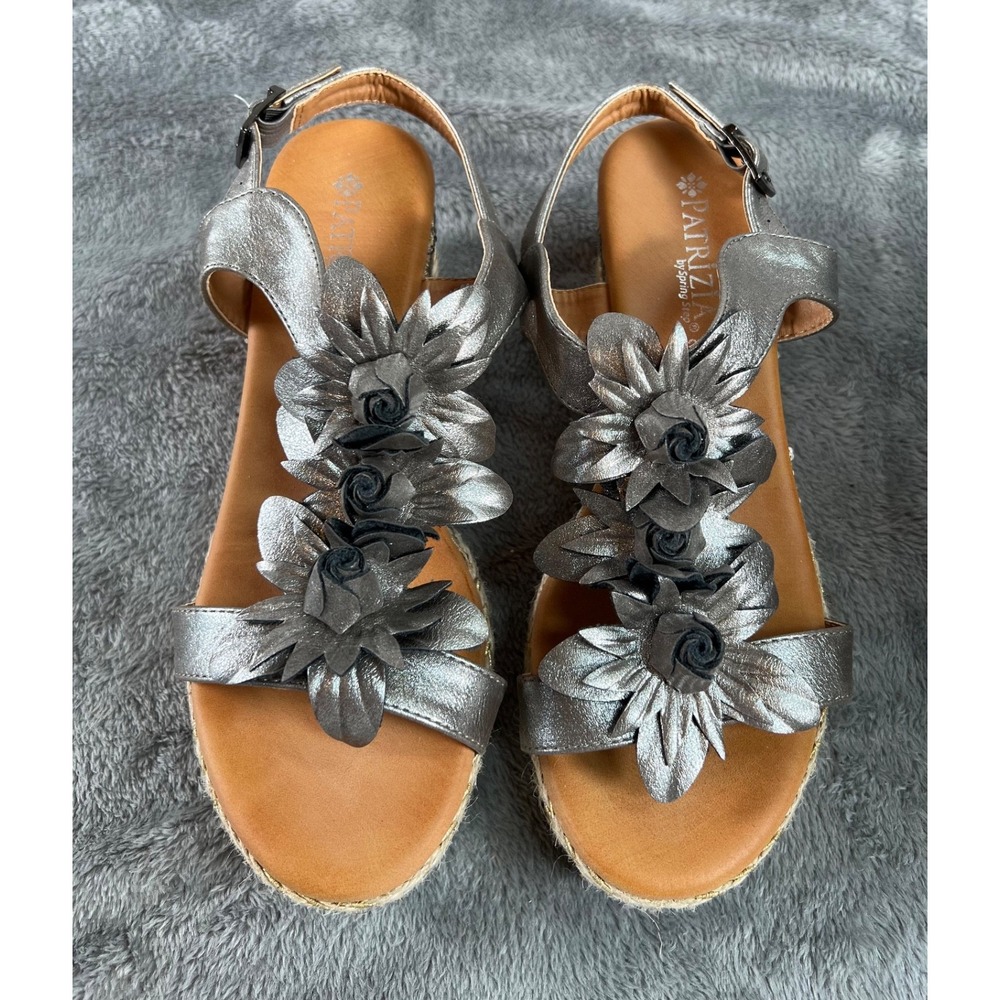 Patrizia Spring Step Floral Wedge Sandals Sz 6.5/37 Silver Sequined Boho Chic